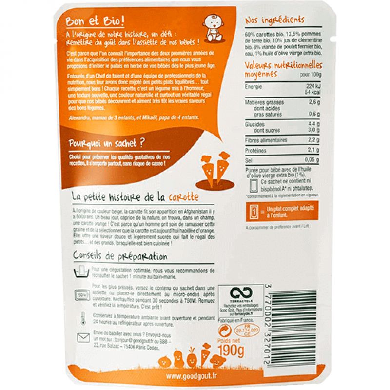 Good Goût Purée Carottes Poulet Fermier 190g