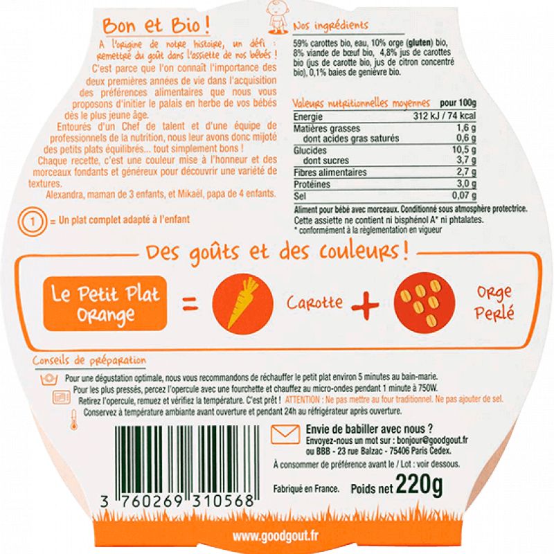 Good Goût Petit Plat Orange Boeuf Carotte Orge Perlé 220g