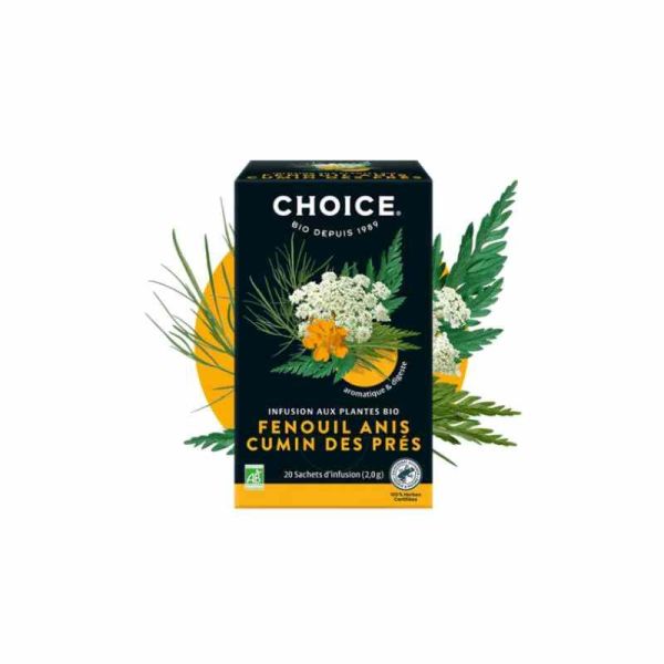 Infusion aux plantes Bio • Fenouil Anis Cumin des prés • 20 sachets